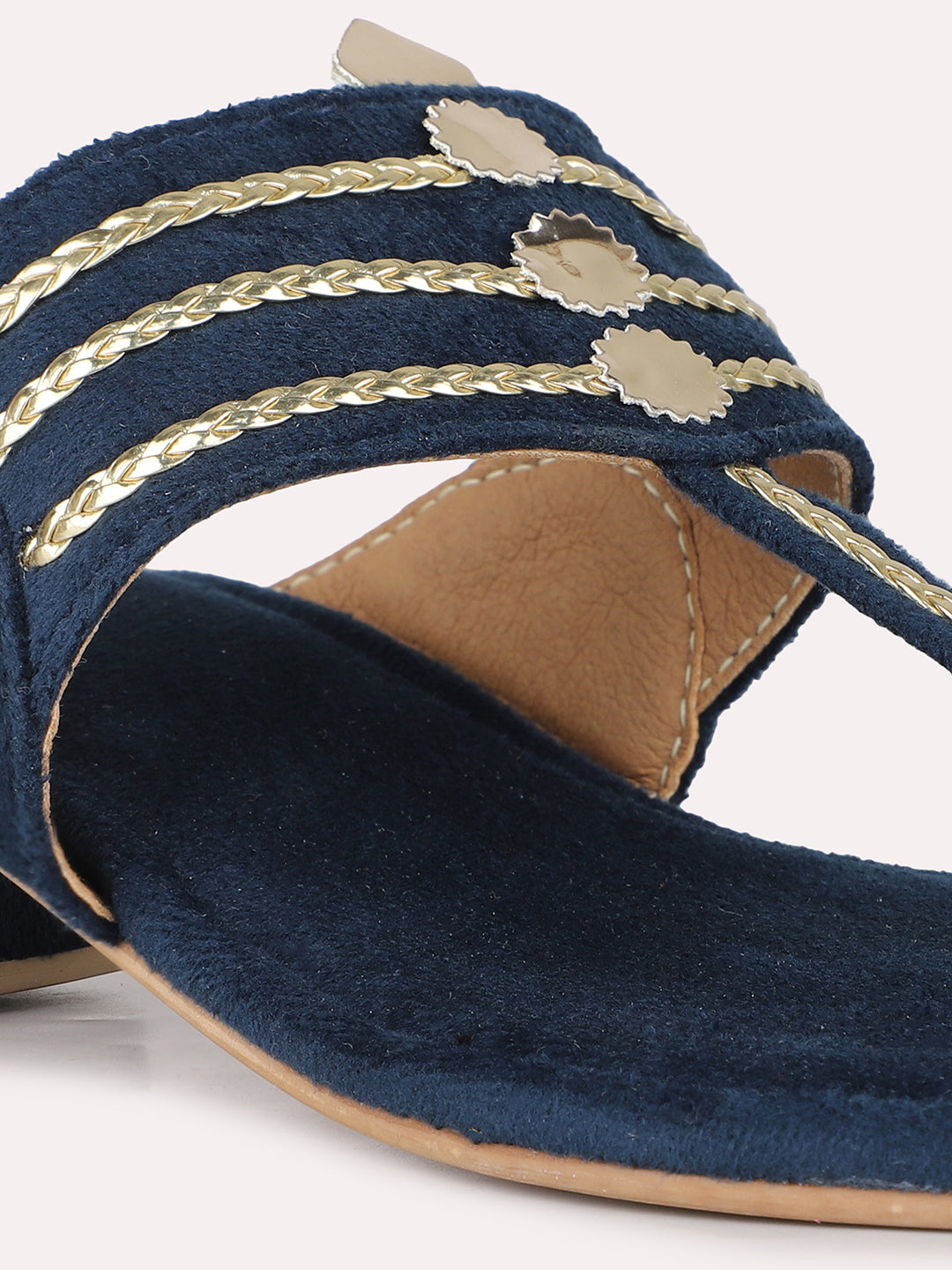Women Navy Ethnic Embellished Round Toe Block Heel Sandals