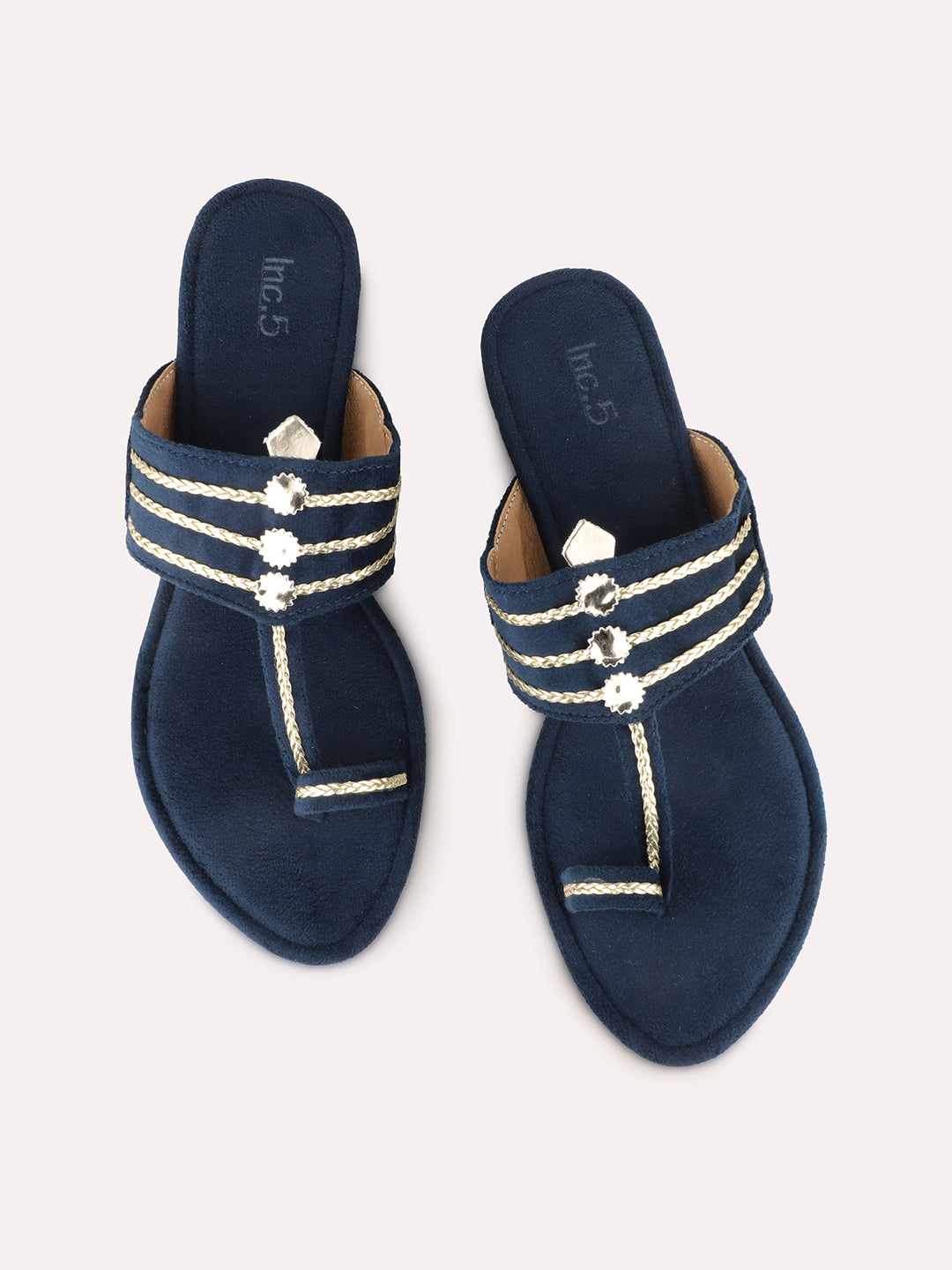 Women Navy Ethnic Embellished Round Toe Block Heel Sandals