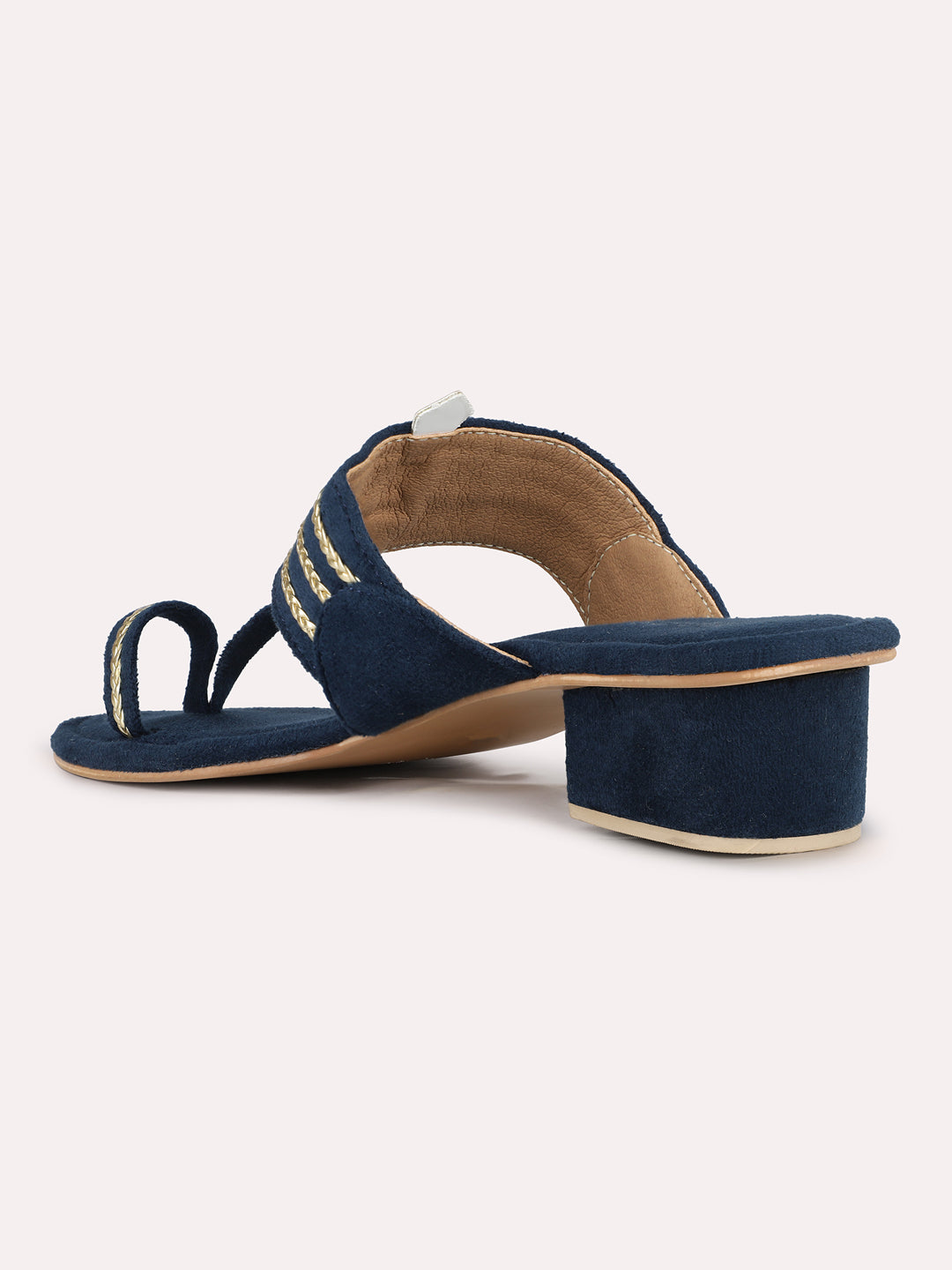 Women Navy Ethnic Embellished Round Toe Block Heels