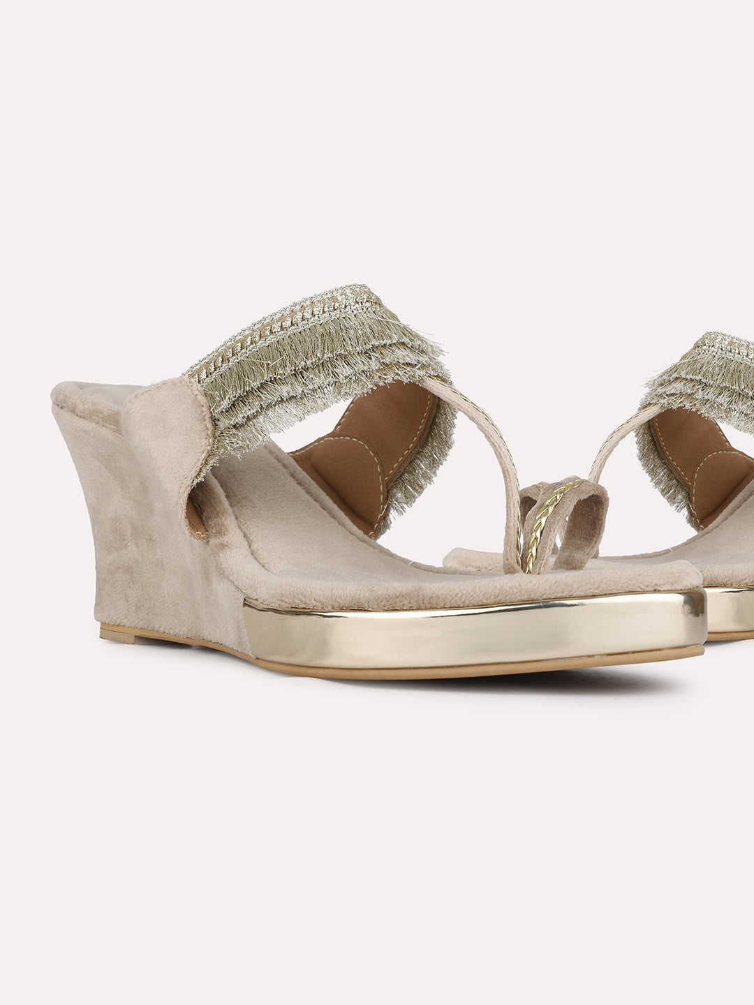 Women Beige Party Wear Embellished Round Toe Wedge Heel Sandals