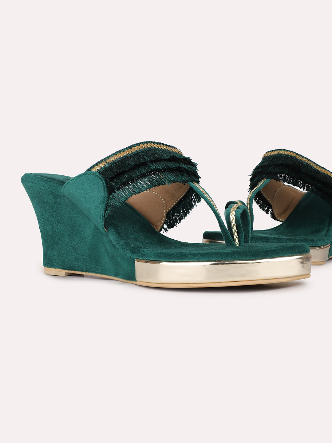 Womens Green Ethnic Embellished Round Toe Wedge Heel Sandals