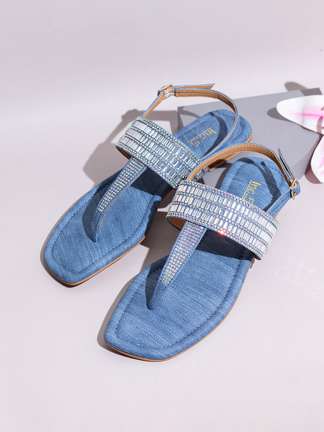 Womens Navy Casual Embellished T-Strap Flat Sandals