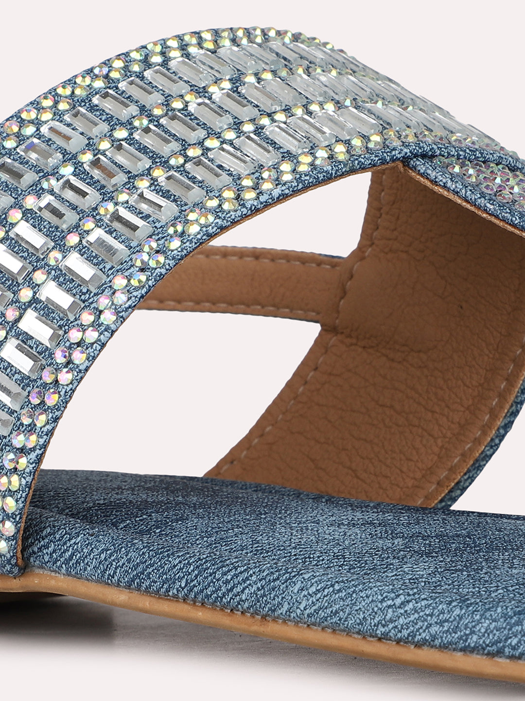 Womens Navy Casual Embellished T-Strap Flat Sandals