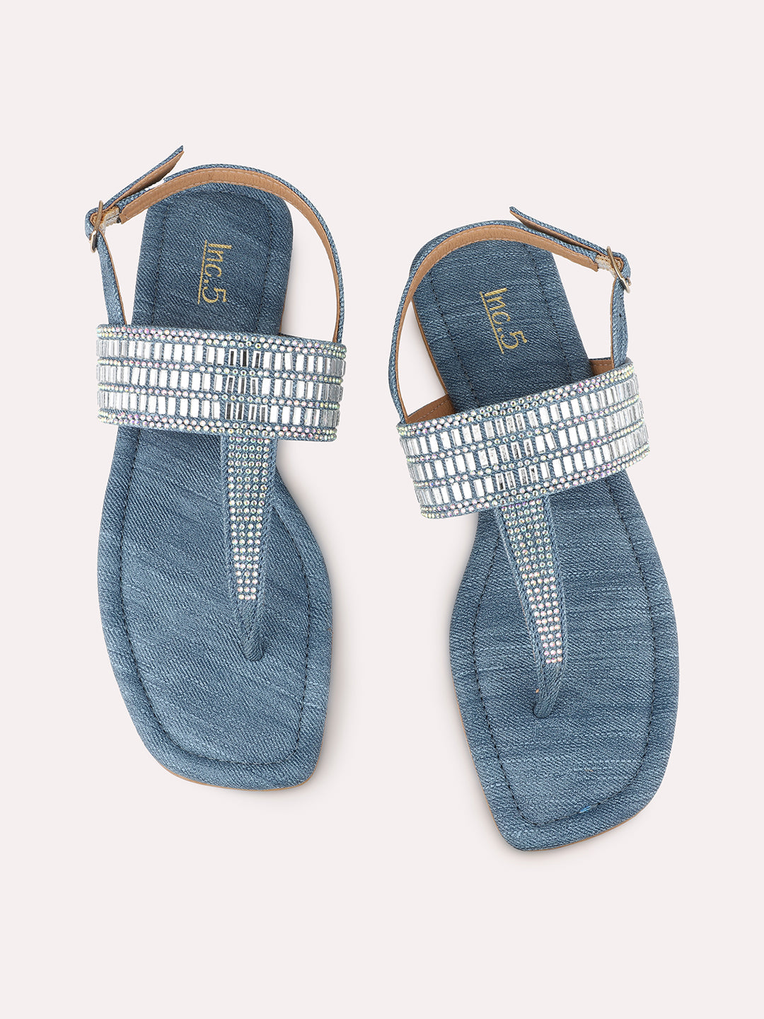 Womens Navy Casual Embellished T-Strap Flat Sandals