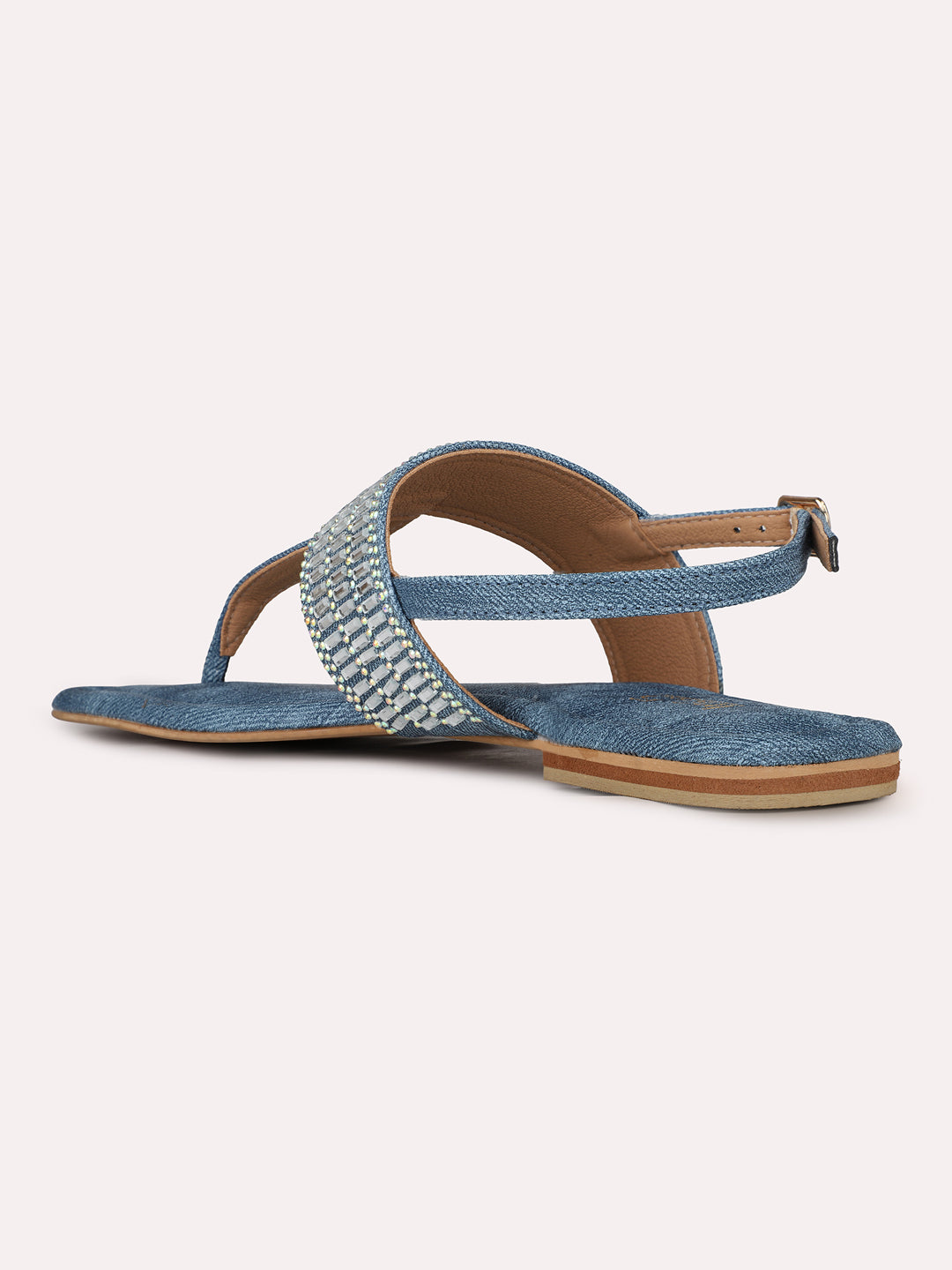 Womens Navy Casual Embellished T-Strap Flat Sandals