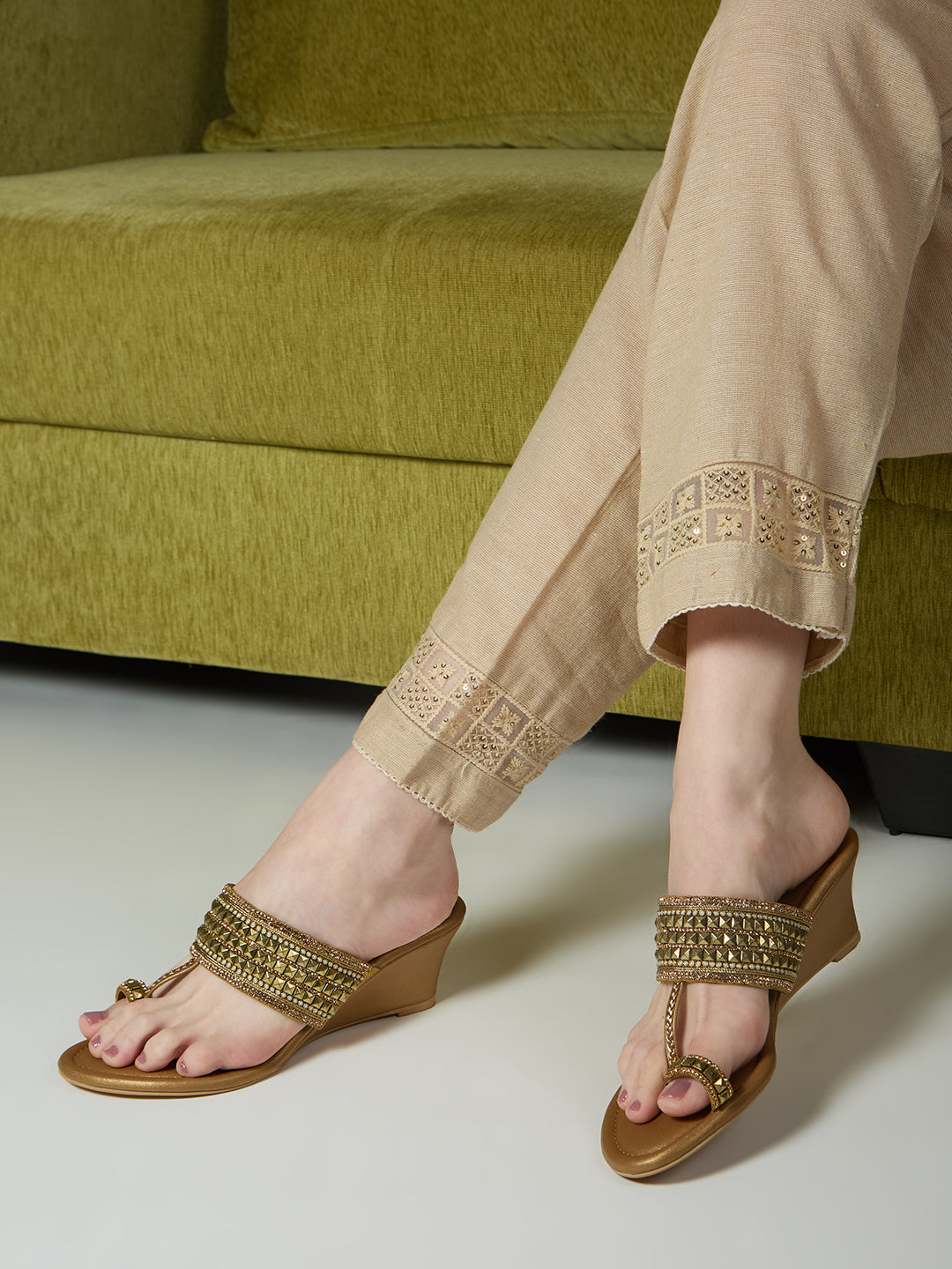 Womens Golden Ethnic Embellished Pattern Wedge Heels