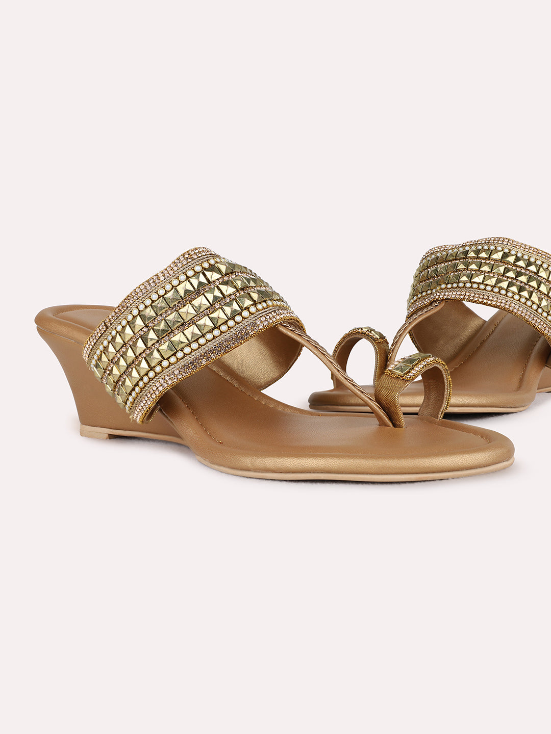 Womens Golden Ethnic Embellished Pattern Wedge Heels