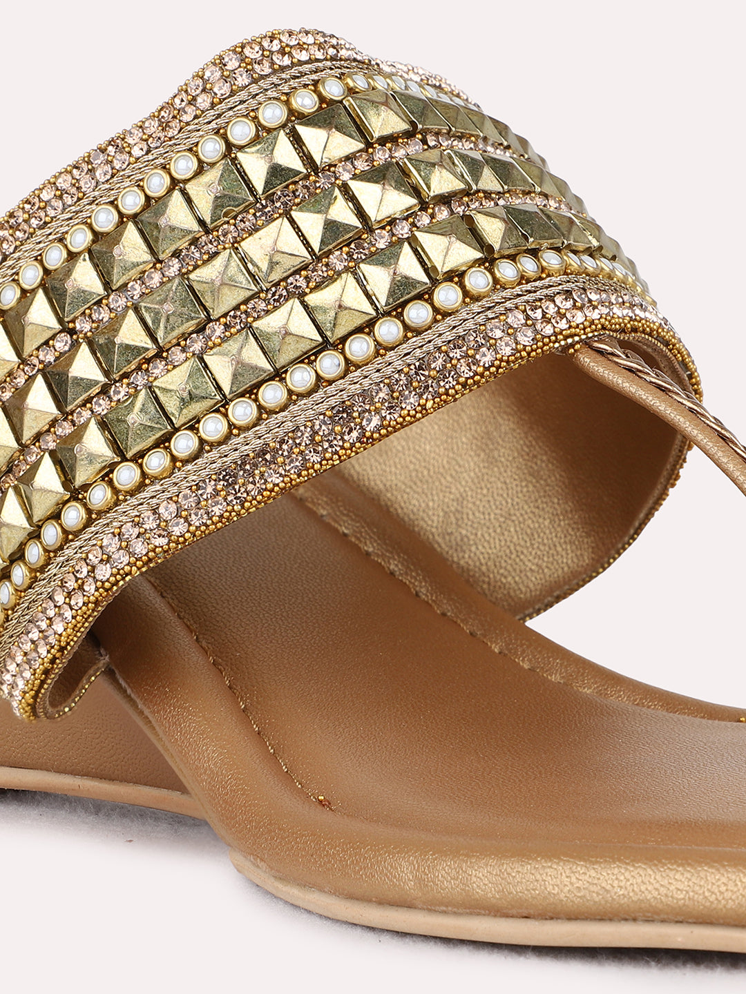 Womens Golden Ethnic Embellished Pattern Wedge Heels