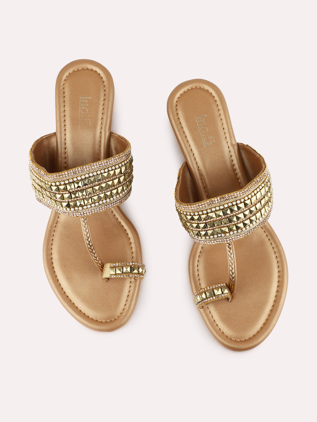 Womens Golden Ethnic Embellished Pattern Wedge Heels