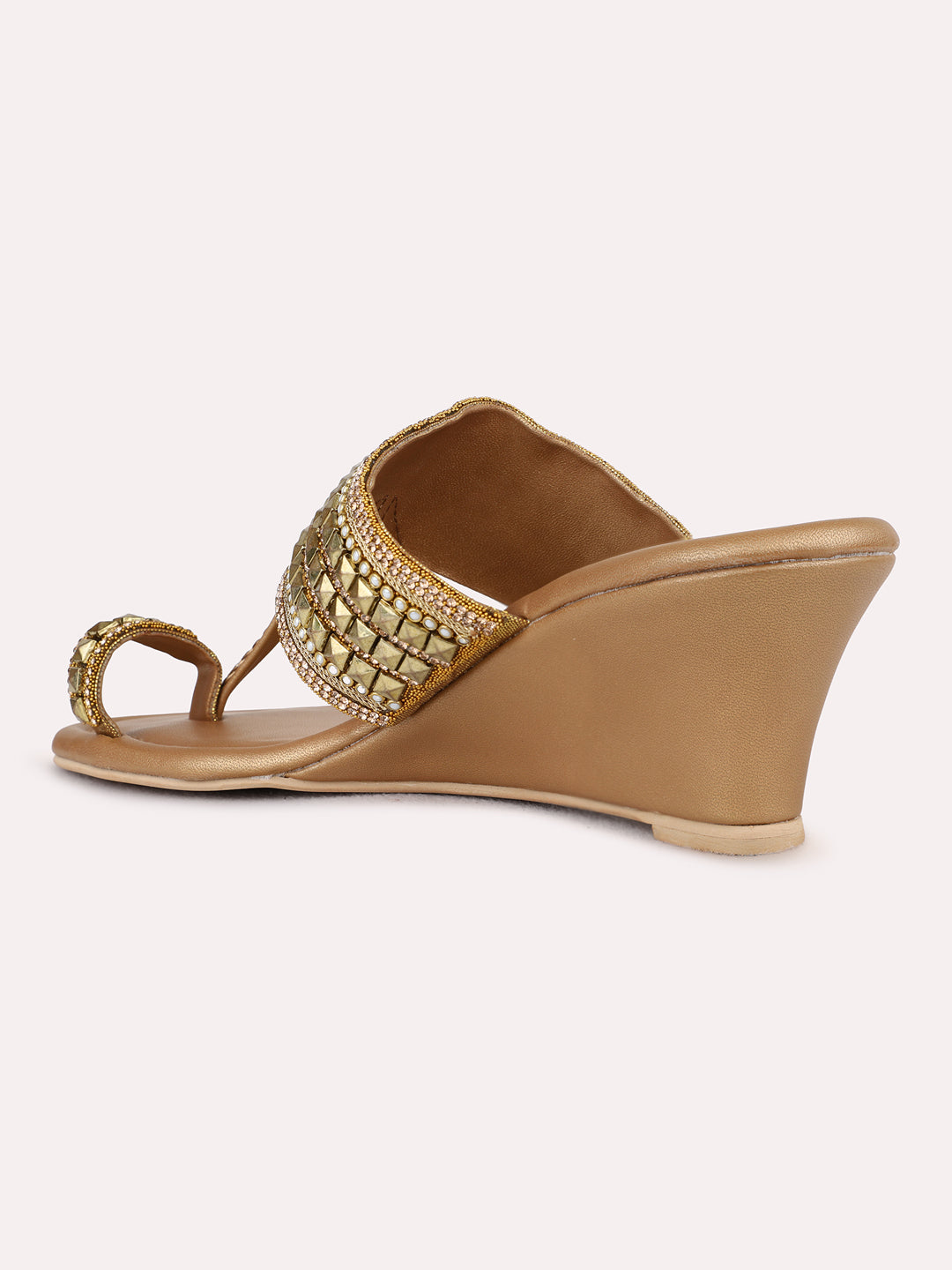 Womens Golden Ethnic Embellished Pattern Wedge Heels