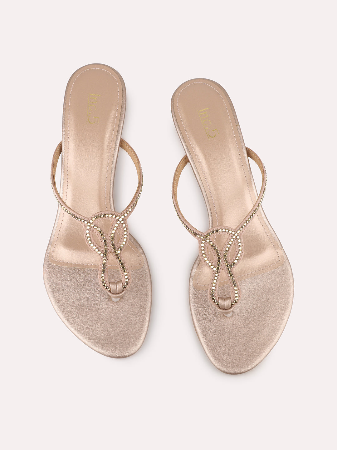 Women Rose Gold Party Wear Embellished Round Toe Block Heels