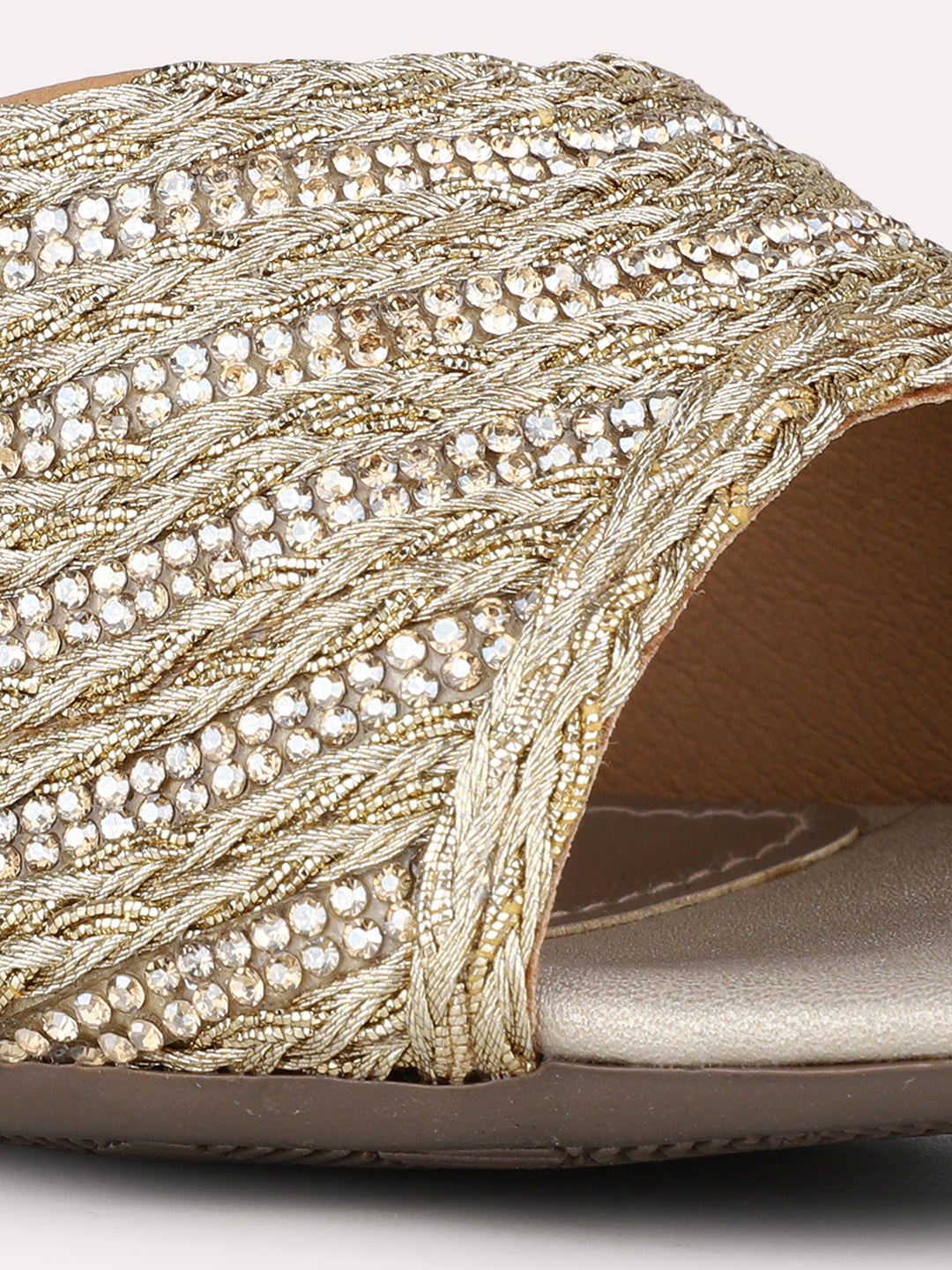 Women Golden Party Wear Embellished Round Toe Block Heels