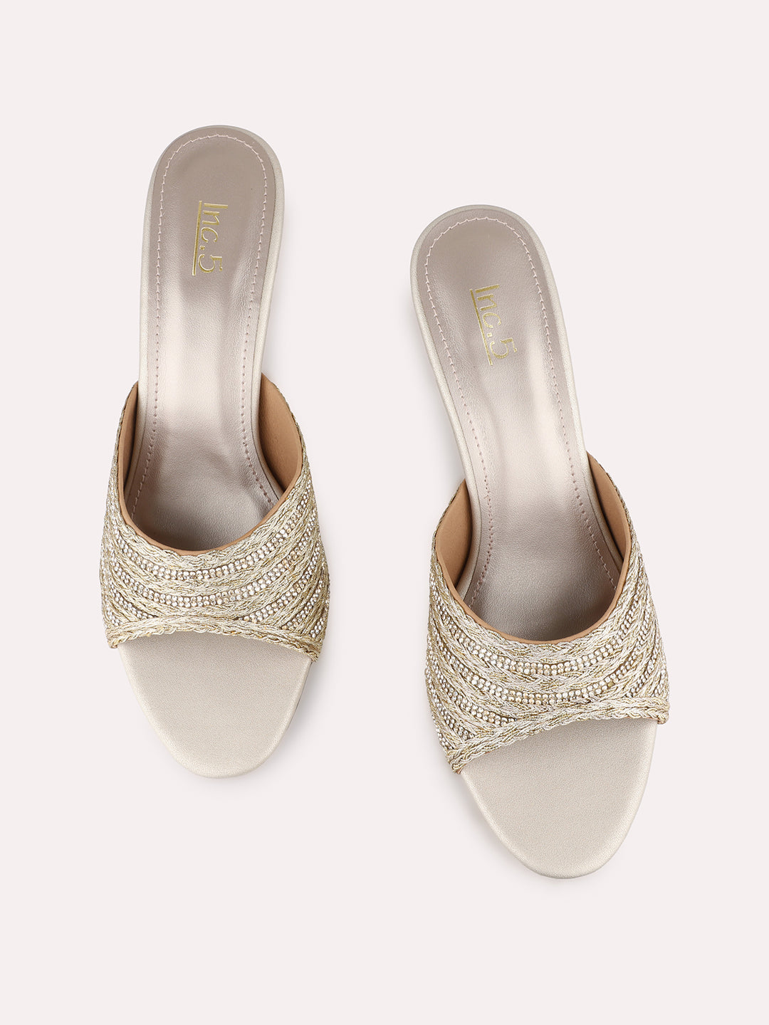 Women Golden Party Wear Embellished Round Toe Block Heels