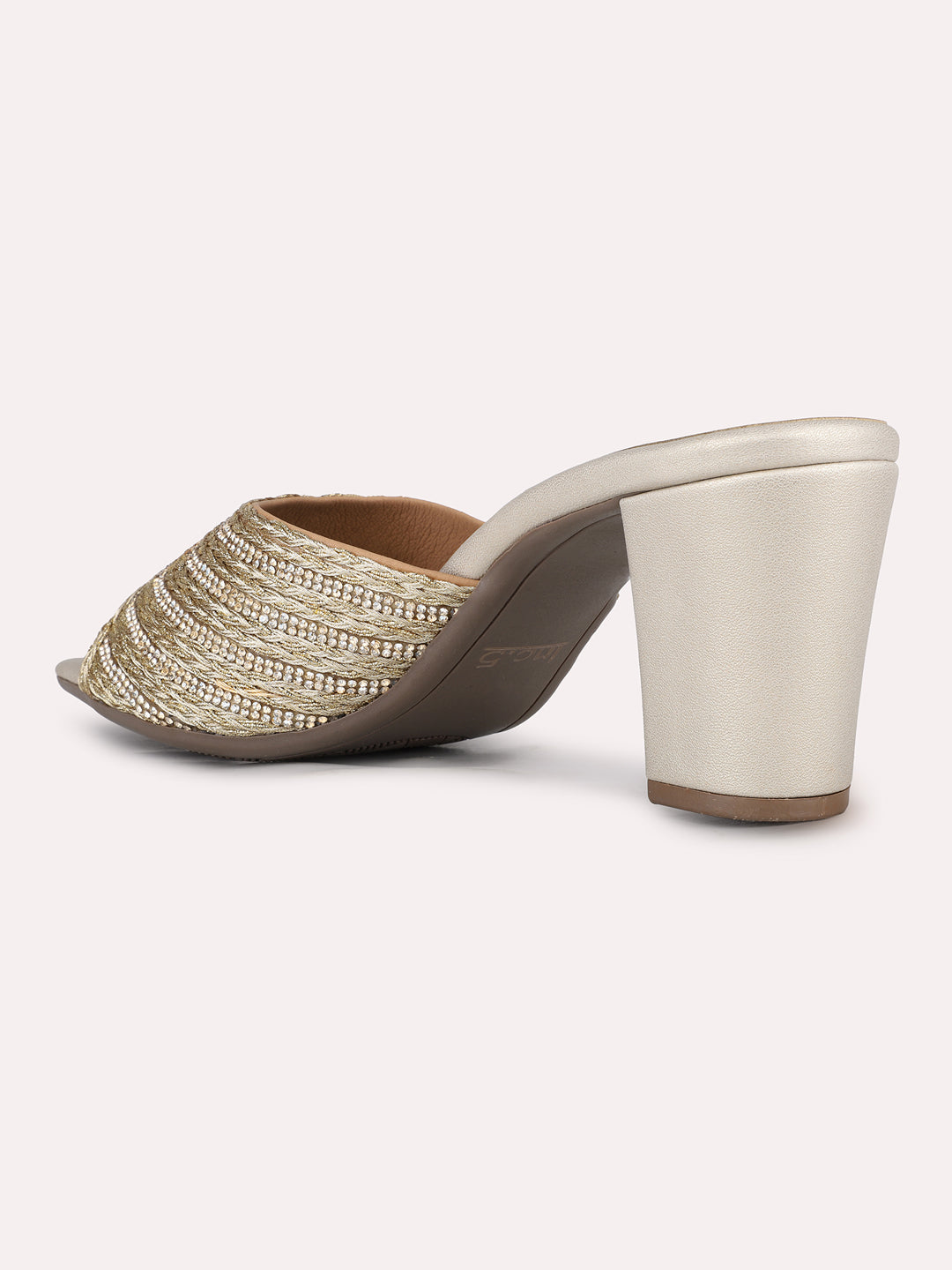 Women Golden Party Wear Embellished Round Toe Block Heels