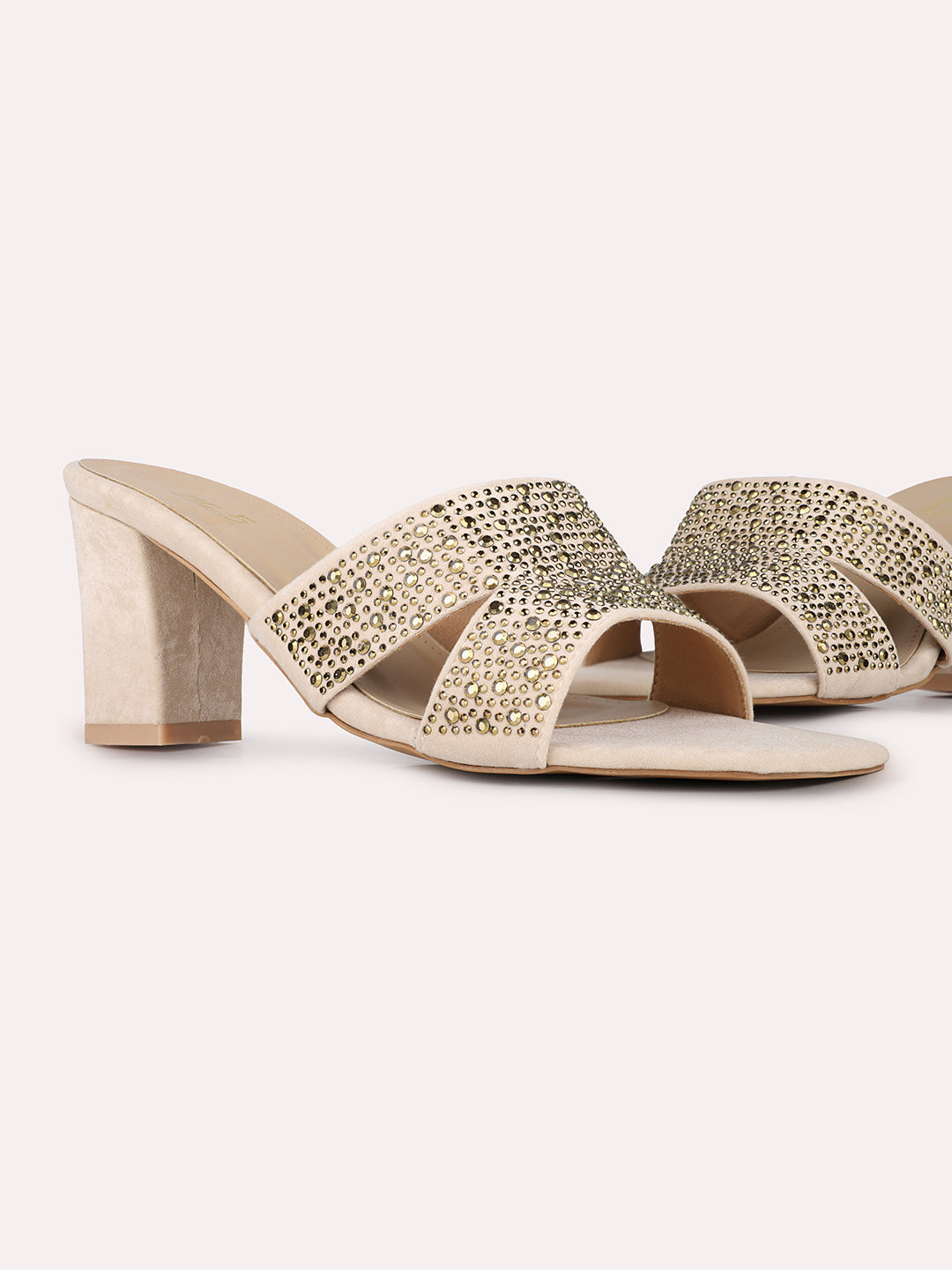 Women Beige Party Wear Embellished Square Toe Block Heel Sandals