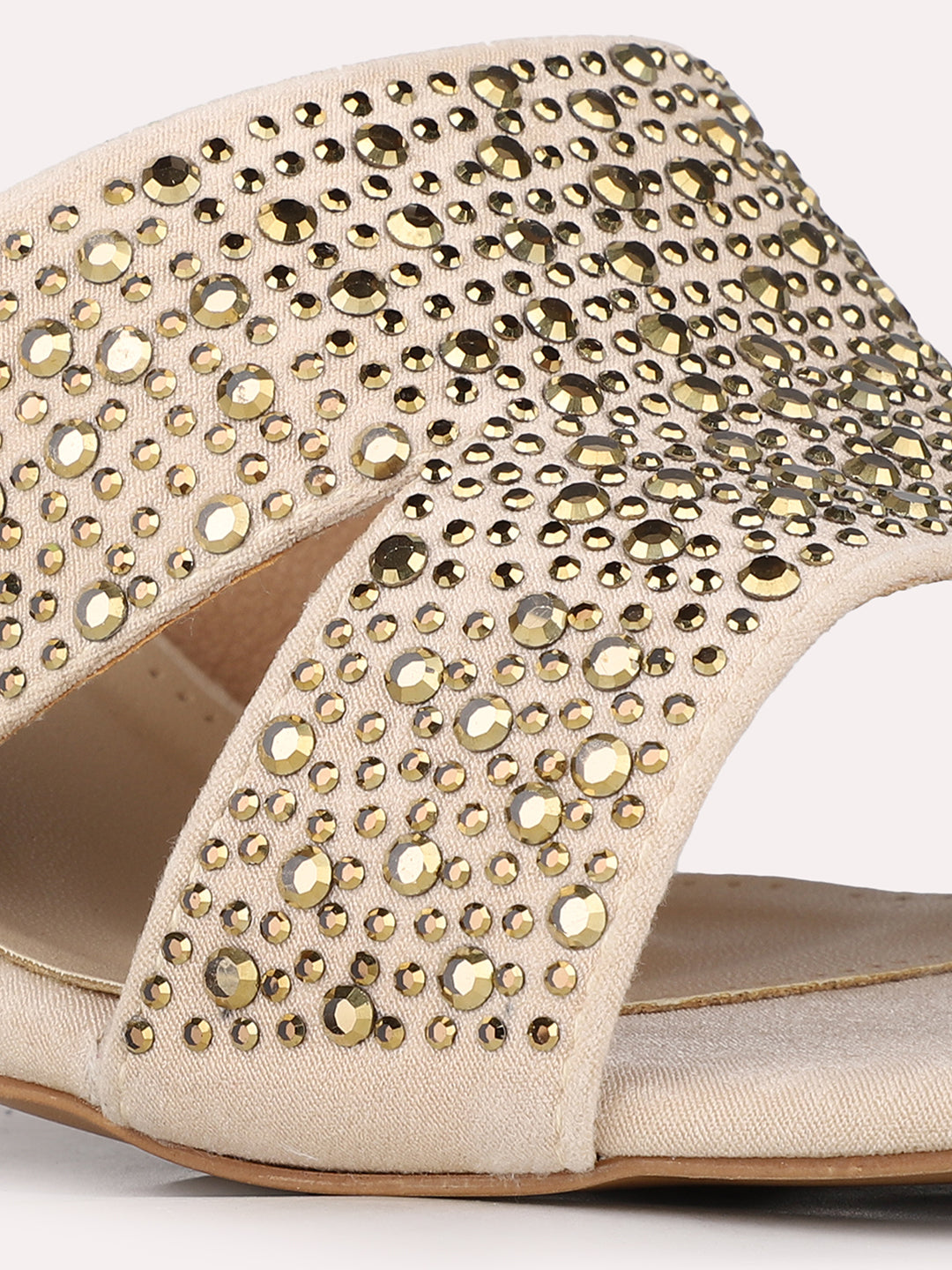 Women Beige Party Wear Embellished Square Toe Block Heel Sandals