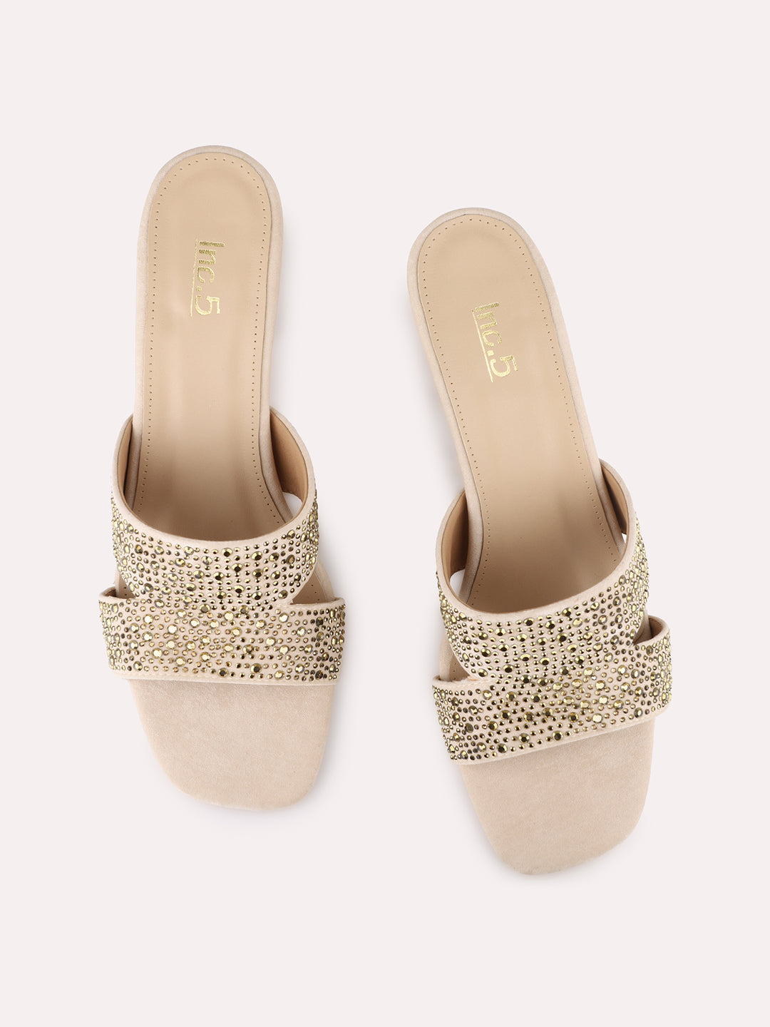 Women Beige Party Wear Embellished Square Toe Block Heel Sandals