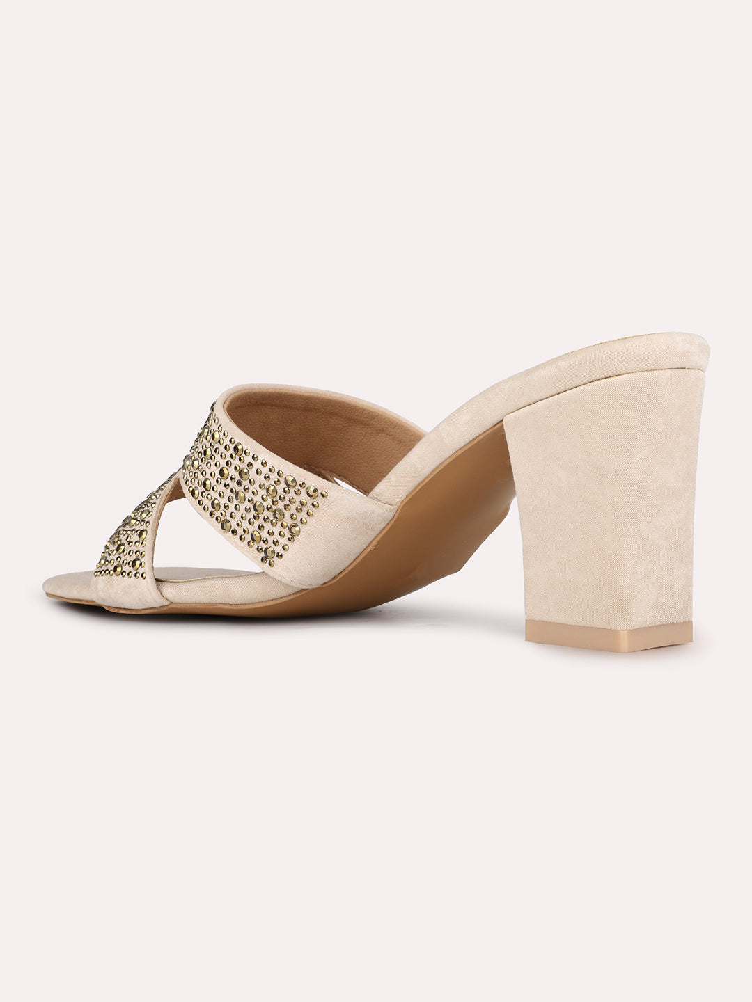 Women Beige Party Wear Embellished Square Toe Block Heel Sandals