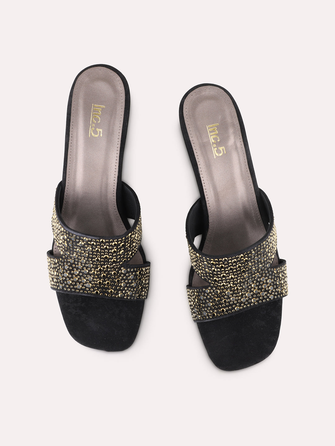 Women Black Party Wear Embellished Square Toe Block Heel Sandals