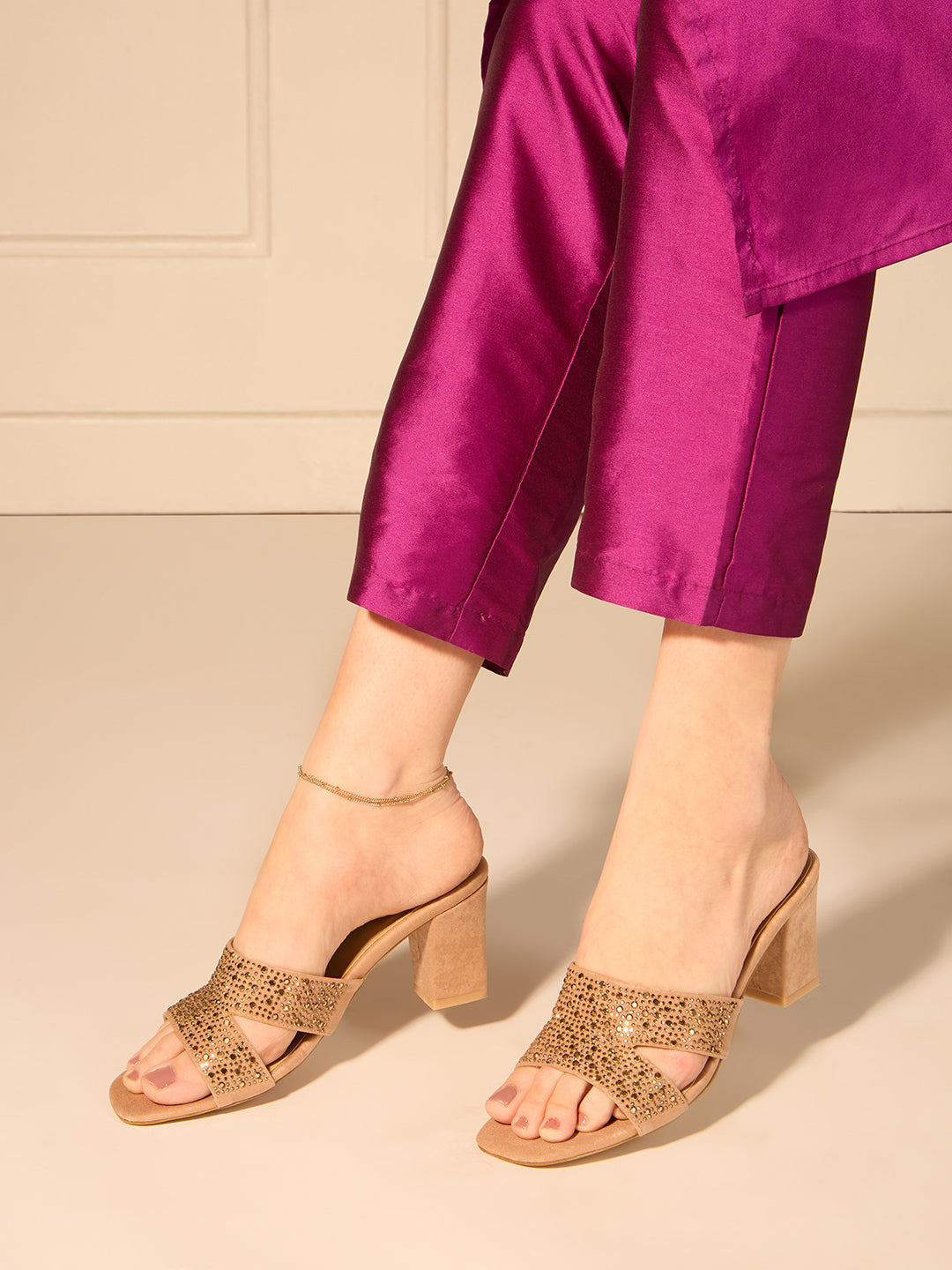 Women Peach Party Wear Embellished Square Toe Block Heel Sandals