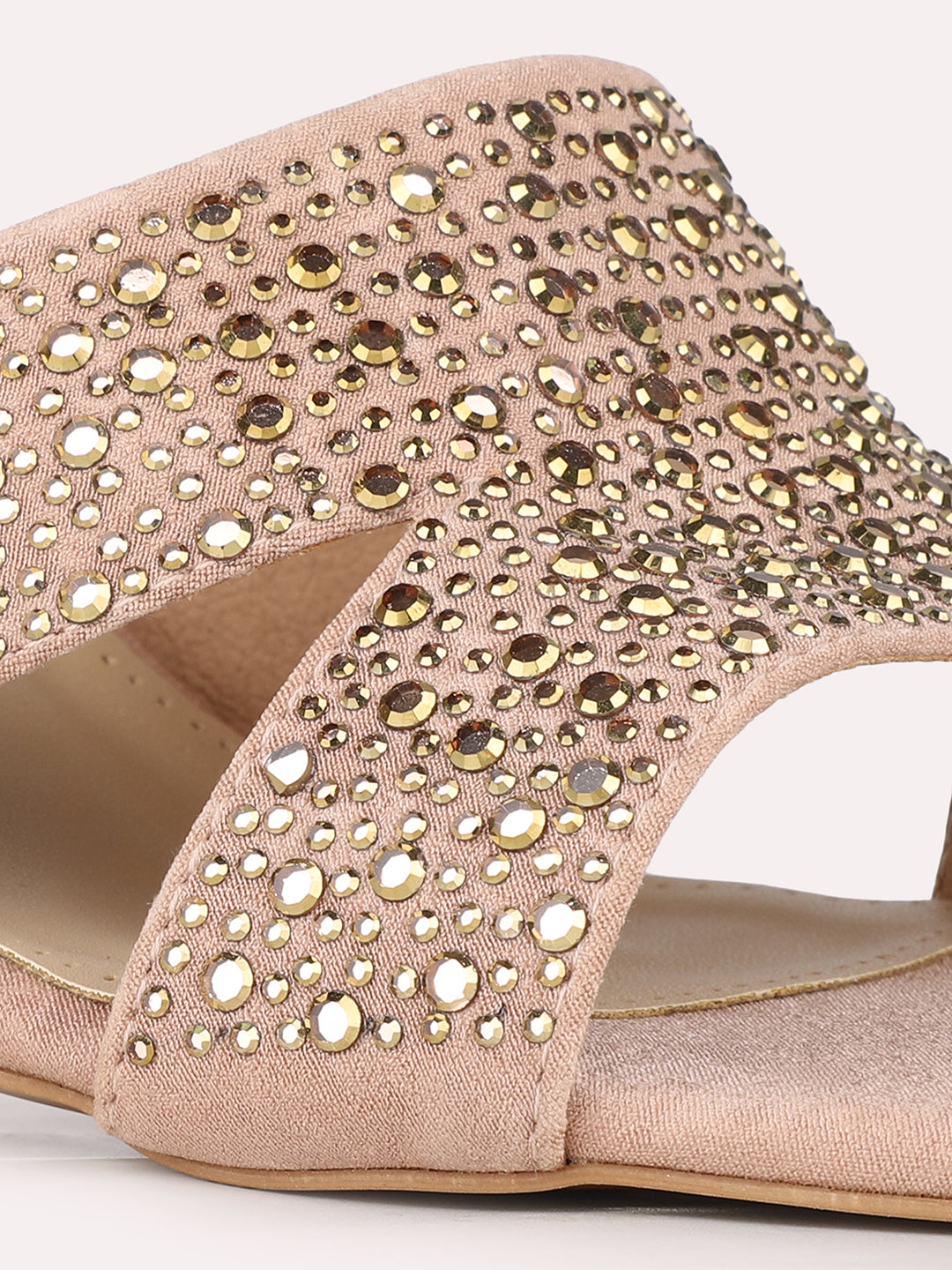 Women Peach Party Wear Embellished Square Toe Block Heel Sandals