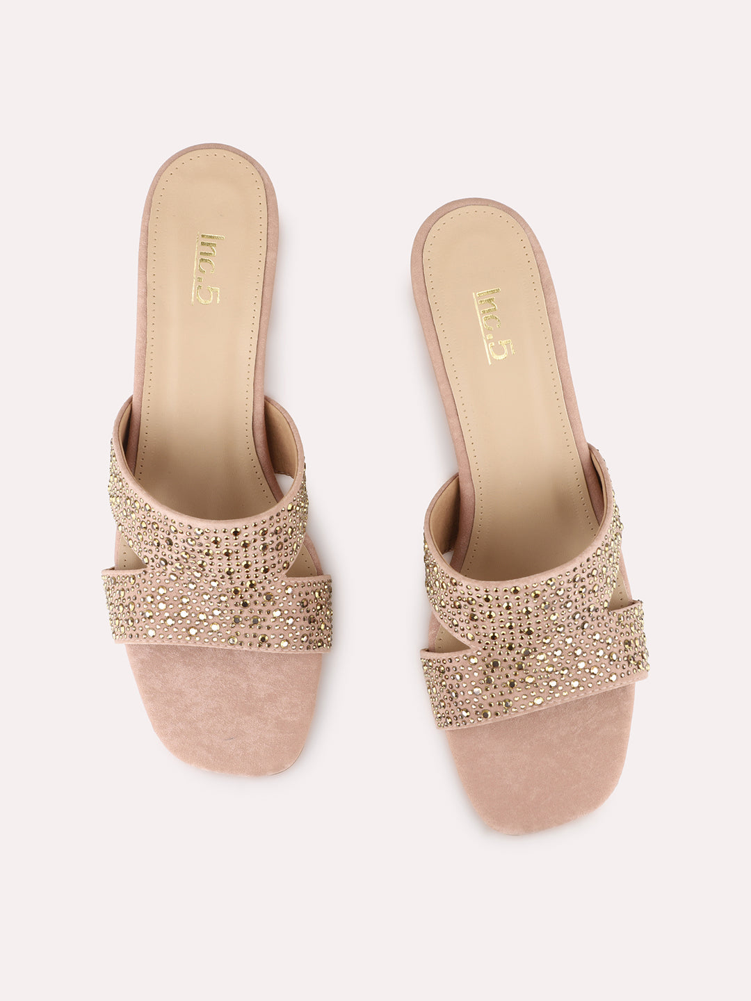 Women Peach Party Wear Embellished Square Toe Block Heel Sandals