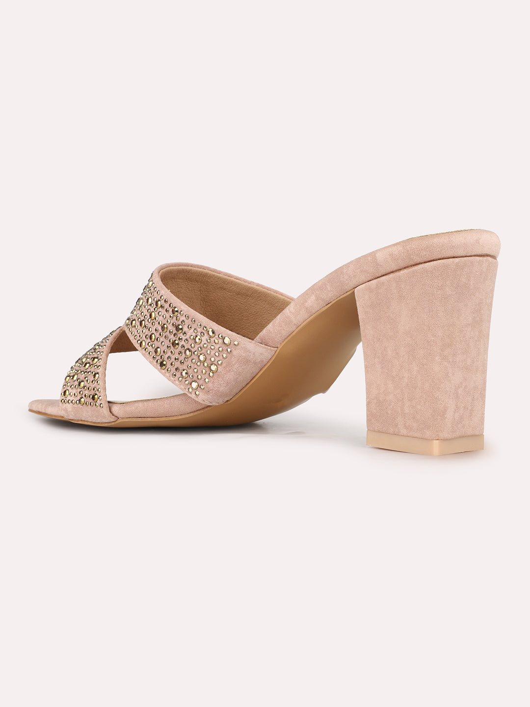 Women Peach Party Wear Embellished Square Toe Block Heel Sandals