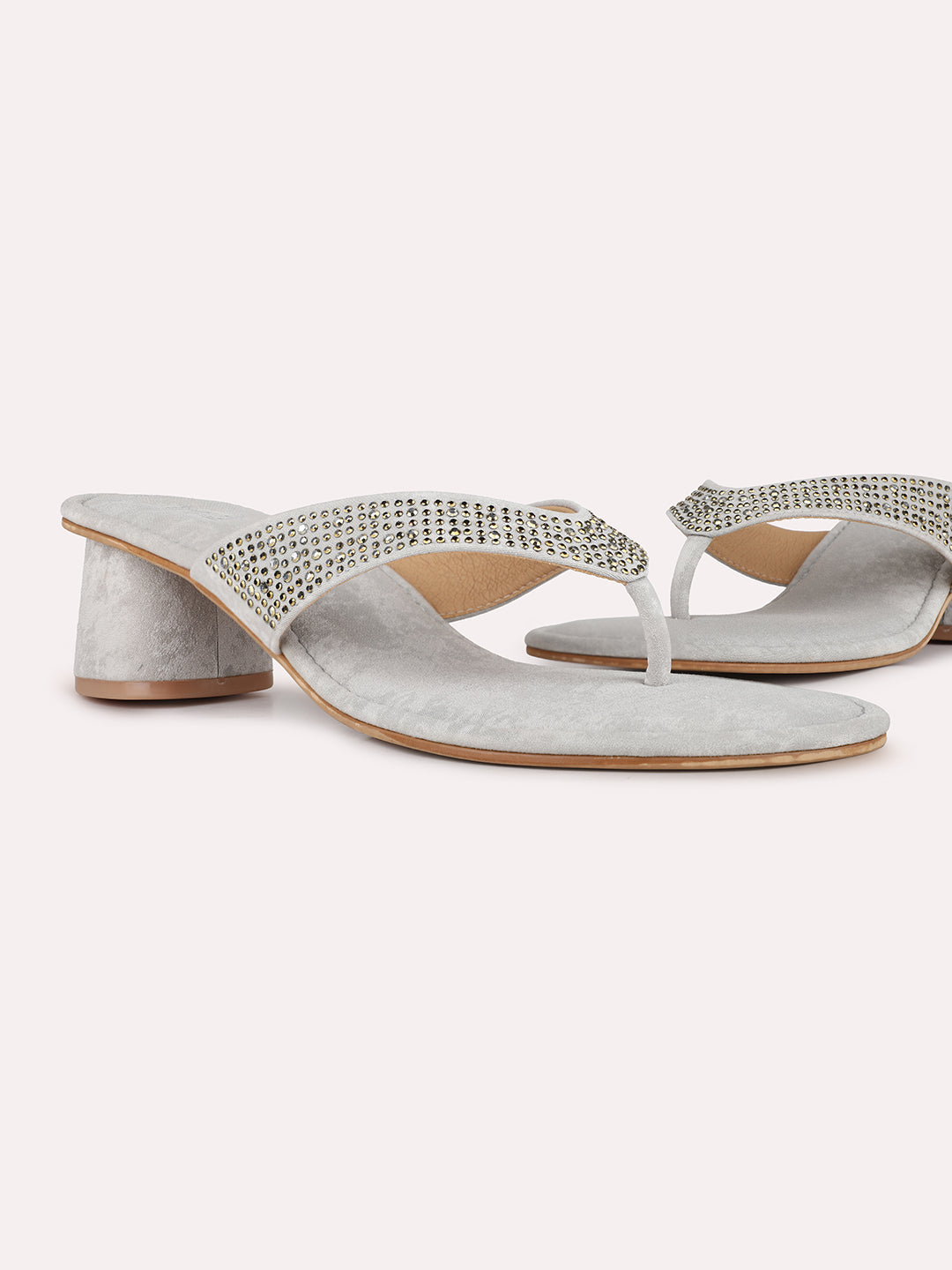 Women Grey Ethnic Embellished Round Toe Block Heel Sandals