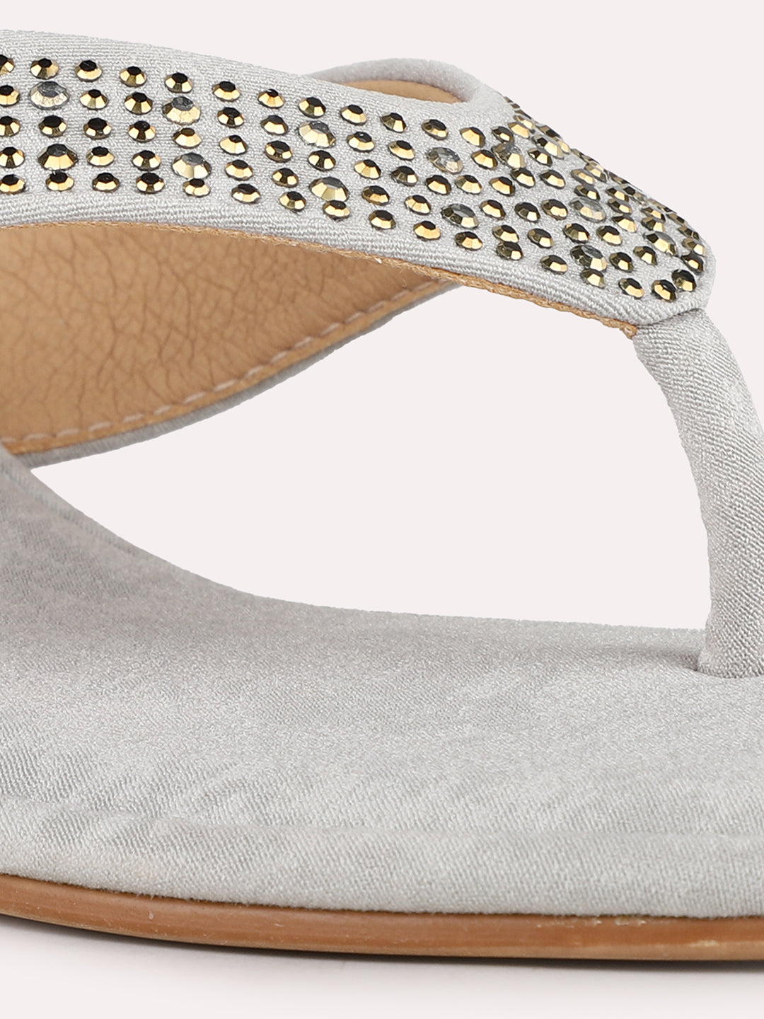 Women Grey Ethnic Embellished Round Toe Block Heel Sandals