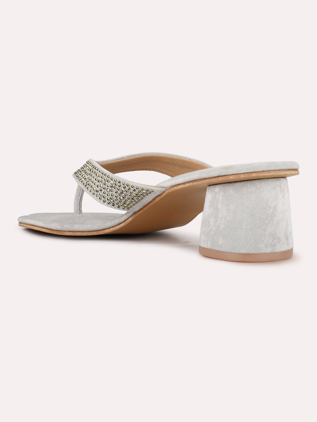 Women Grey Ethnic Embellished Round Toe Block Heel Sandals