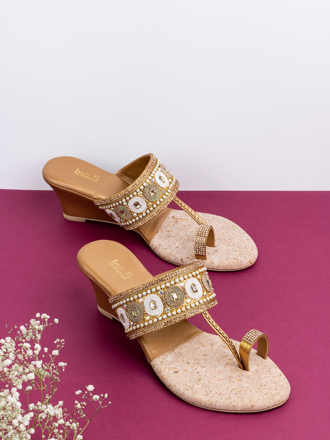 Womens Golden Ethnic Wear Embellished Round Toe Wedge Heel Sandals