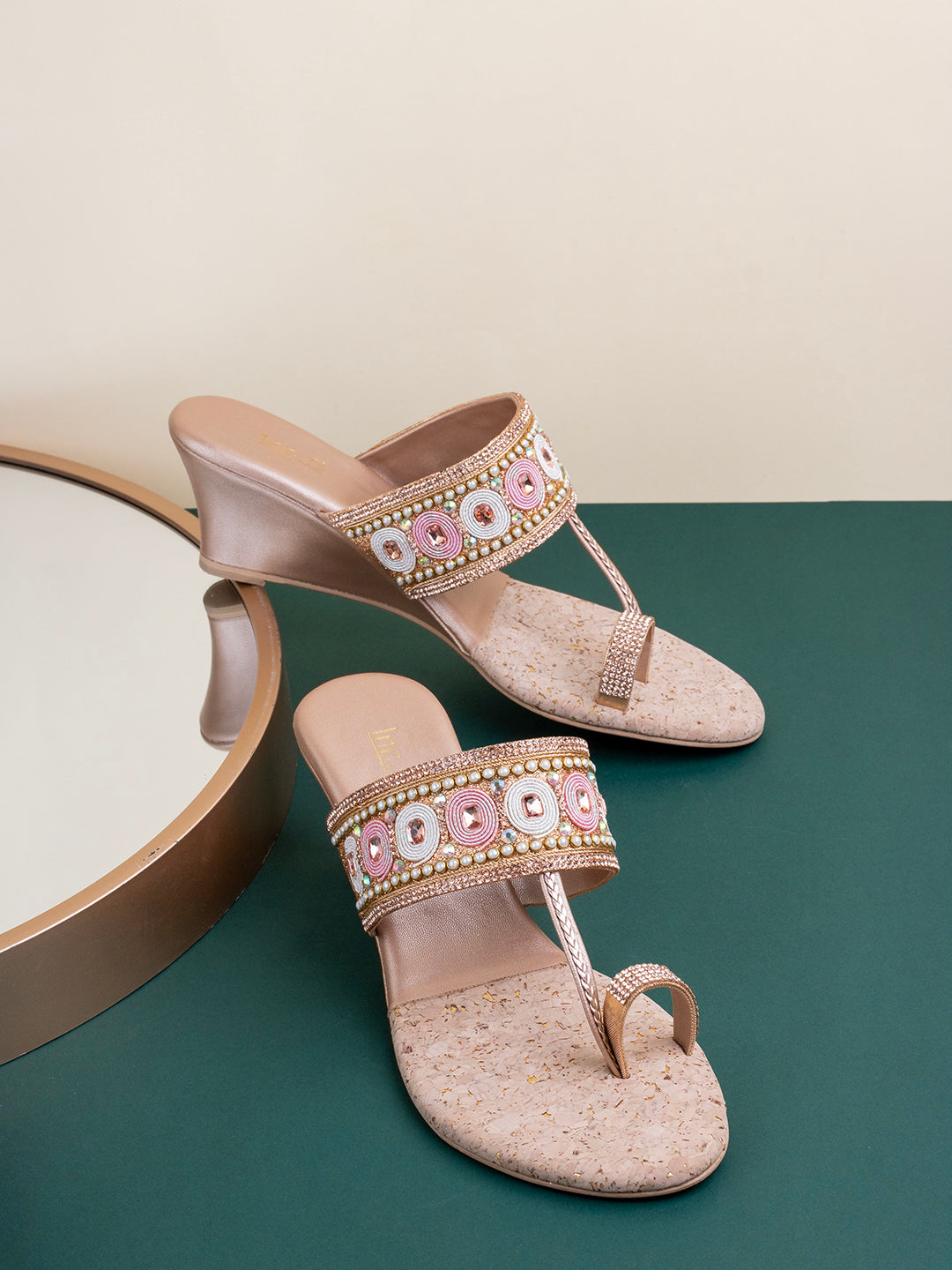 Womens Rose Gold Ethnic Embellished Round Toe Wedge Heels