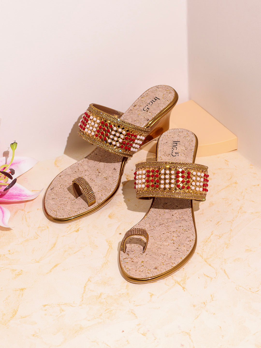 Womens Golden Ethnic Embellished Round Toe Wedge Heel Sandals