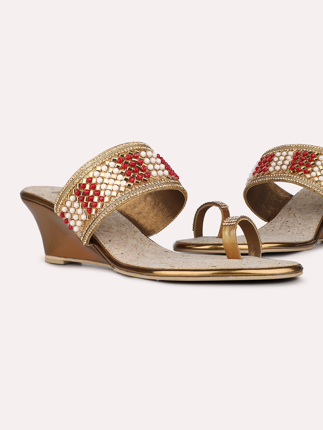 Womens Golden Ethnic Embellished Round Toe Wedge Heel Sandals