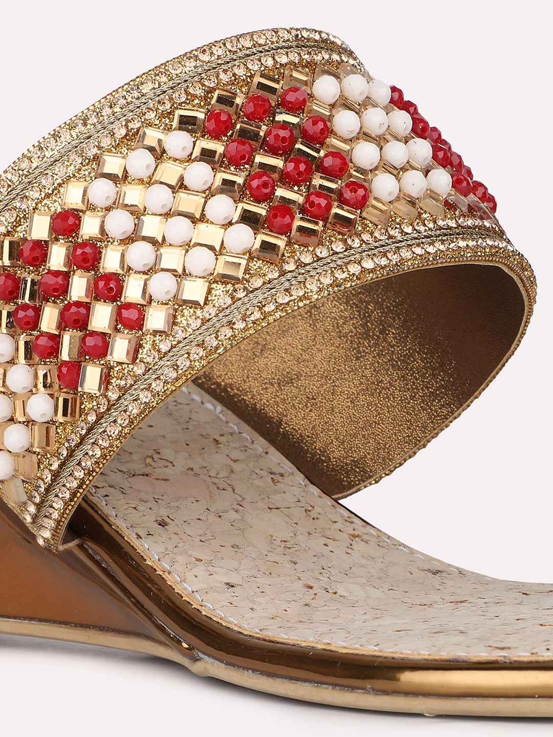 Womens Golden Ethnic Embellished Round Toe Wedge Heel Sandals