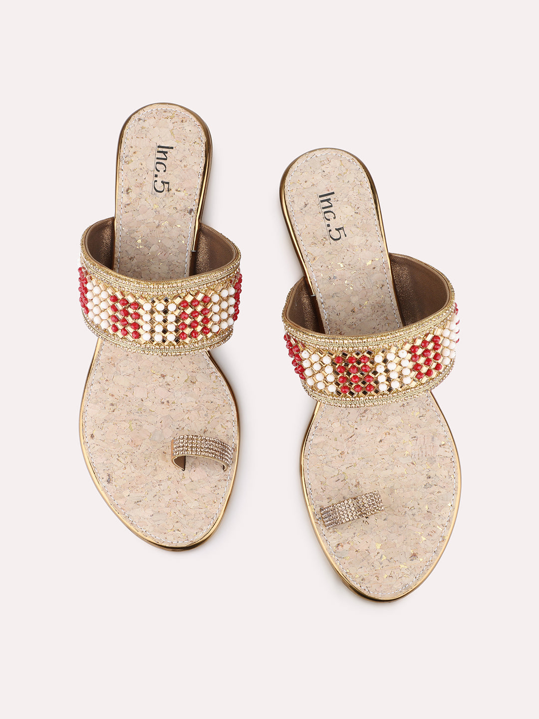 Womens Golden Ethnic Embellished Round Toe Wedge Heel Sandals