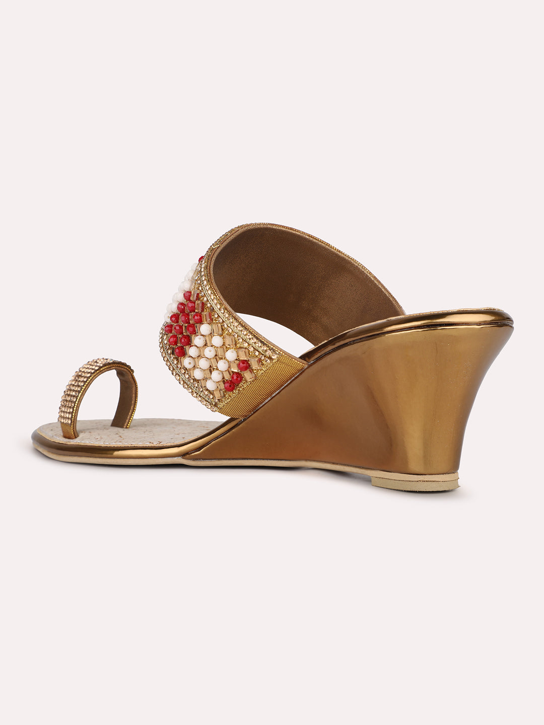 Womens Golden Ethnic Embellished Round Toe Wedge Heel Sandals