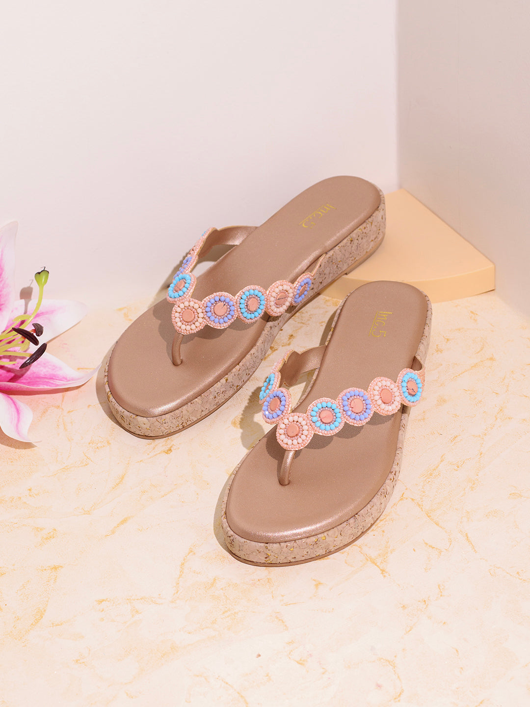 Womens Rose Gold Casual Embellished T-Strap Slip-On Flat Sandals