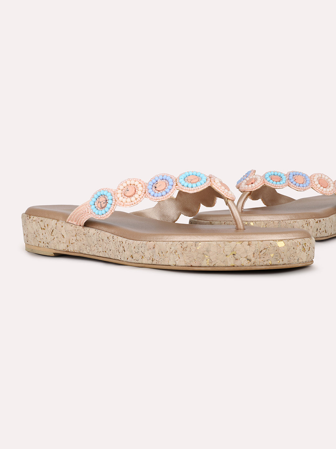 Womens Rose Gold Casual Embellished T-Strap Slip-On Flat Sandals