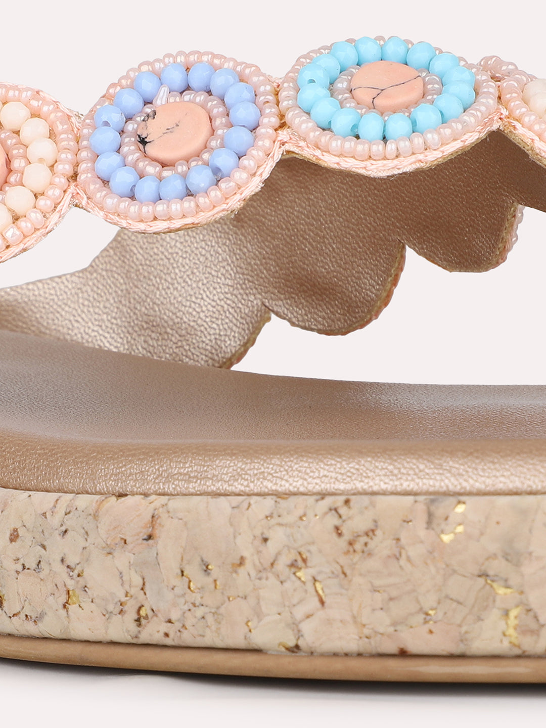 Womens Rose Gold Casual Embellished T-Strap Slip-On Flat Sandals