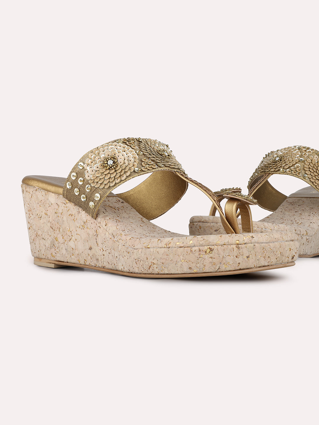 Women Golden Party Wear Embellished Round Toe Wedge Heel Sandals
