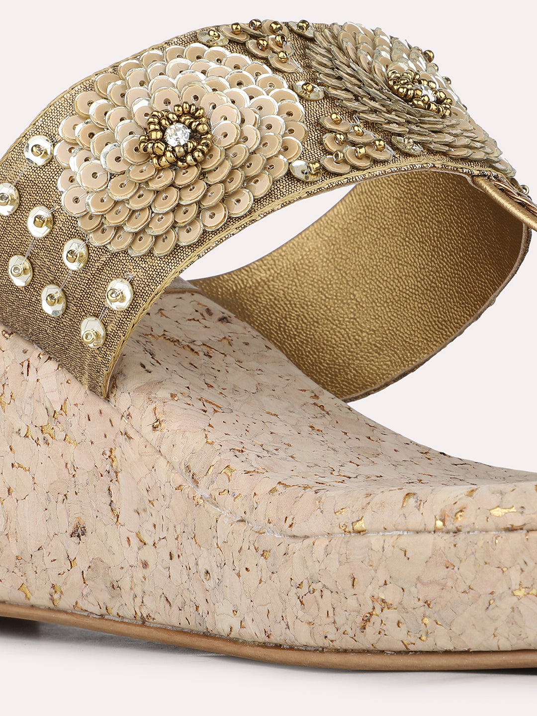 Women Golden Party Wear Embellished Round Toe Wedge Heel Sandals