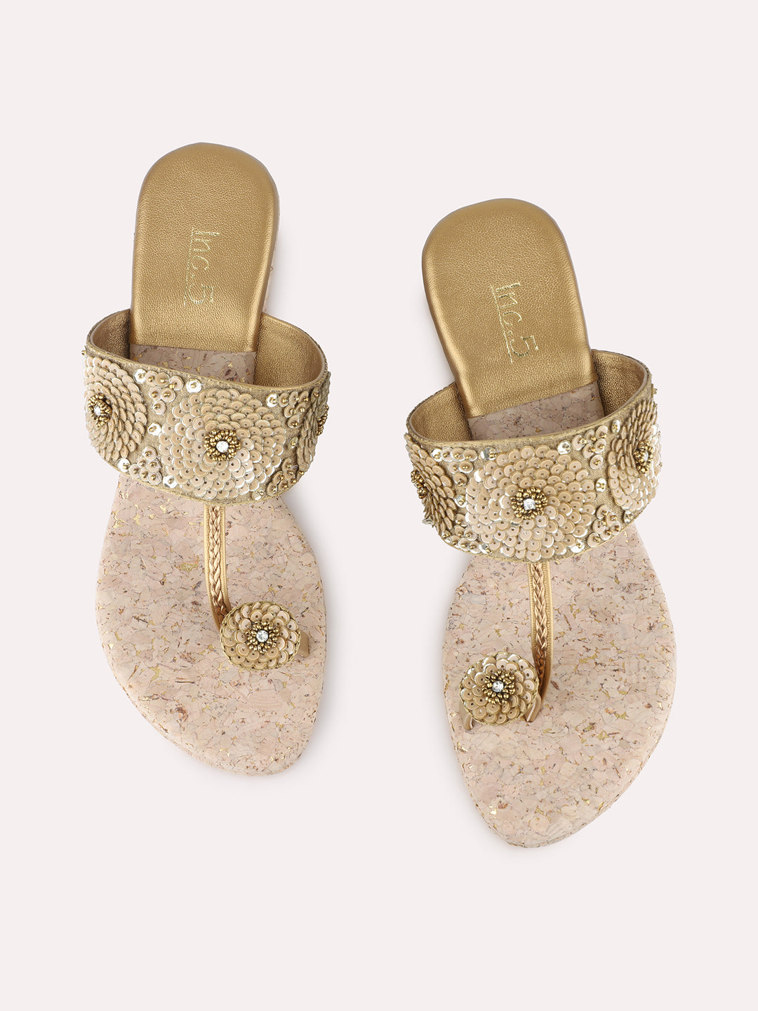 Women Golden Party Wear Embellished Round Toe Wedge Heel Sandals