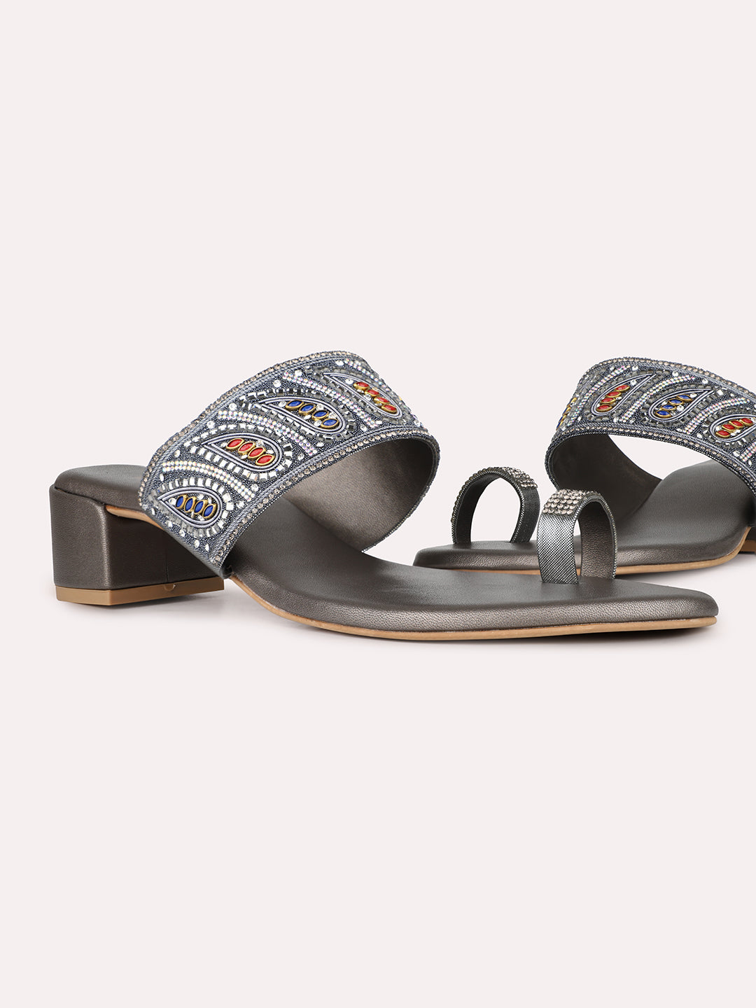 Womens Pewter Ethnic Embellished Pattern Round Toe Heel Sandals