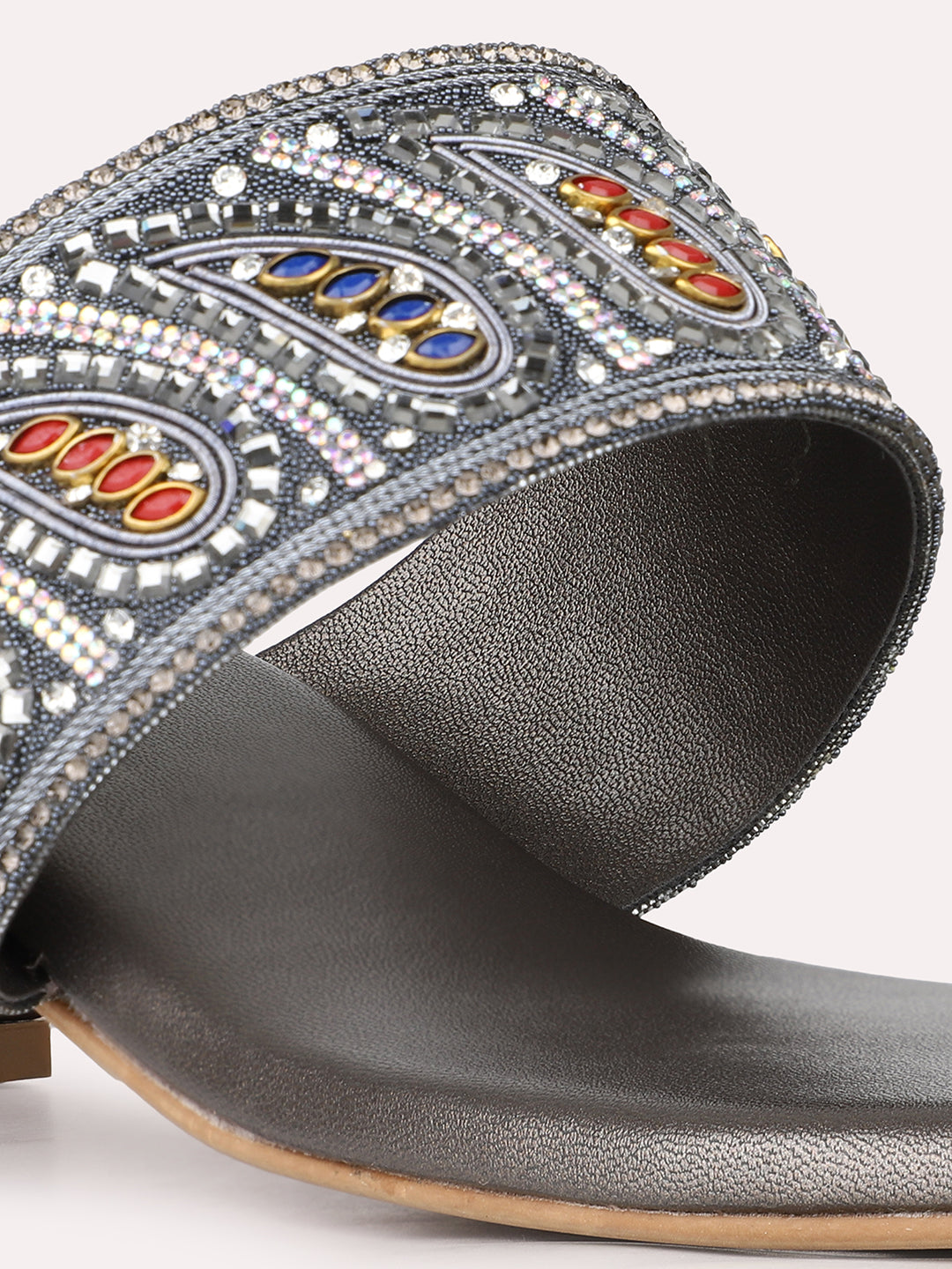 Womens Pewter Ethnic Embellished Pattern Round Toe Heel Sandals