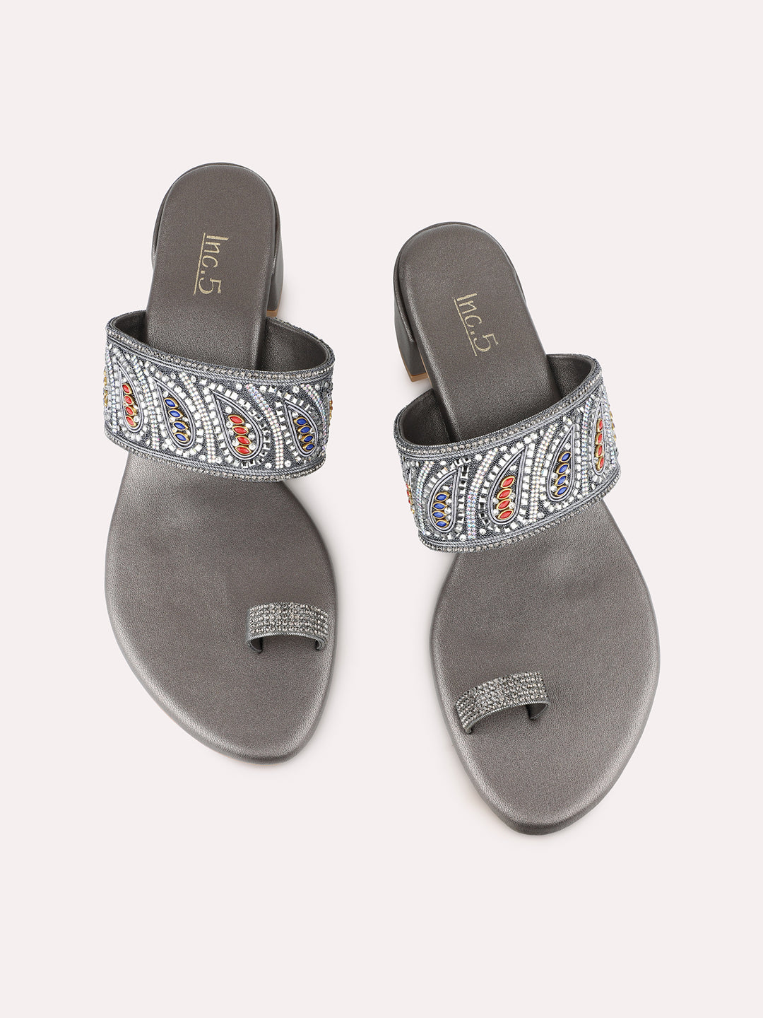 Womens Pewter Ethnic Embellished Pattern Round Toe Heel Sandals