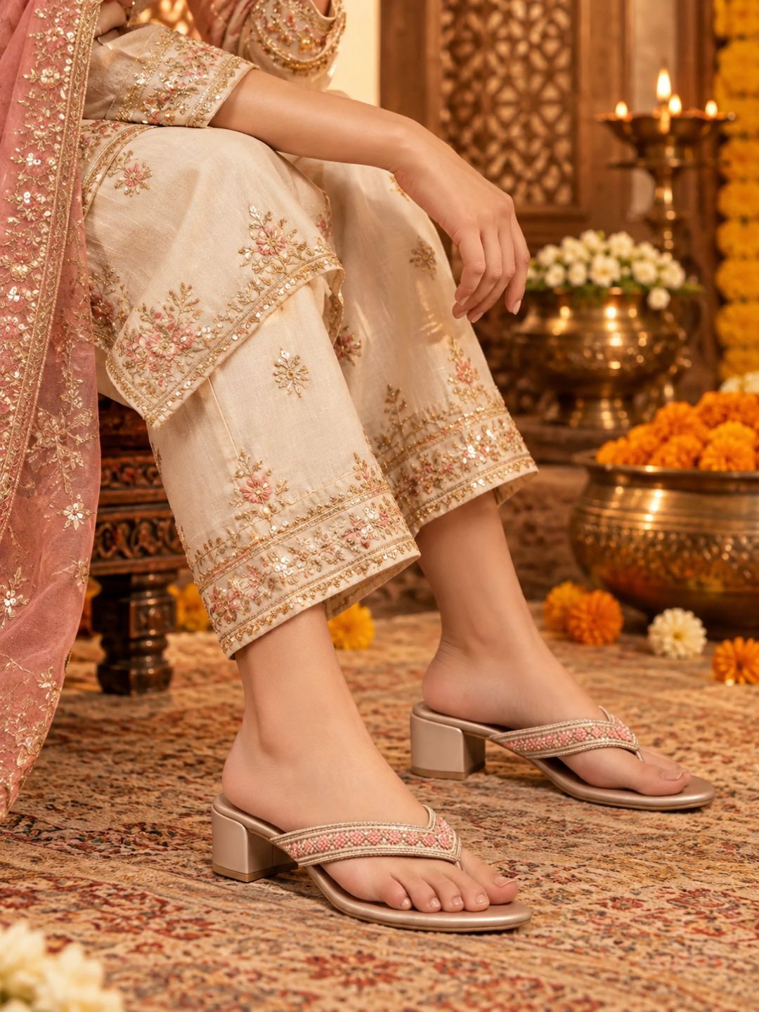 Womens Rose Gold Ethnic Embellished Round Toe Block Heels