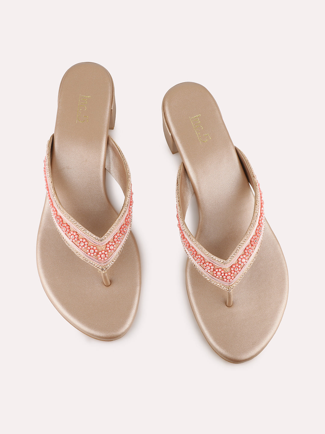 Womens Rose Gold Ethnic Embellished Round Toe Block Heels