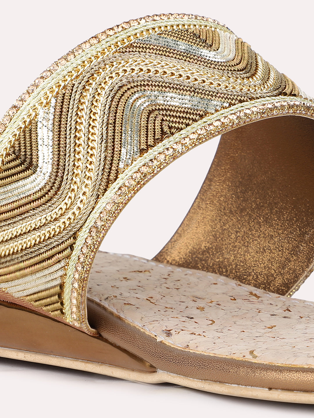 Women Golden Ethnic Embellished One Toe Slip-On Flat Sandals