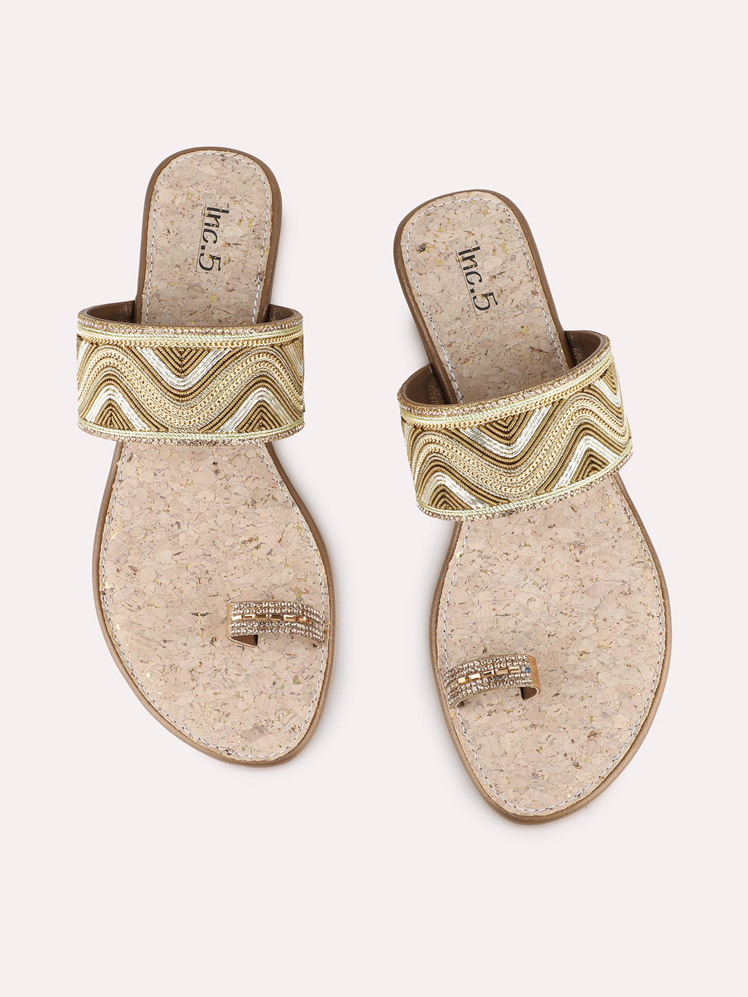 Women Golden Ethnic Embellished One Toe Slip-On Flat Sandals